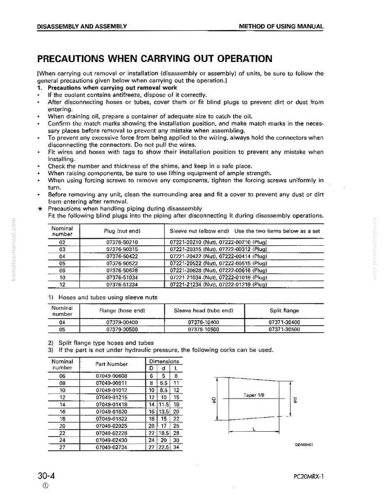 Pu&ograve; includere: Pagina di un manuale tecnico con istruzioni di smontaggio e montaggio, precauzioni e numeri di parte. La pagina include diagrammi e tabelle con misure in centimetri.