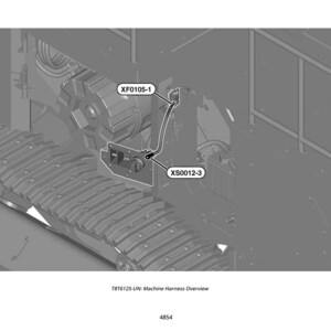 以下が含まれることがあります： 機械ハーネスのグレースケール技術図。画像には、特定のコンポーネントを指す「XF0105-1」と「XS0012-3」のラベルが含まれています。イラストには、トラックとギアも表示されています。