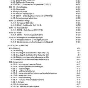 May include: A detailed table of contents in German, listing various technical components and systems. The document includes sections on brakes, steering, hydraulics, electrical systems, and more. Page numbers are listed on the right.