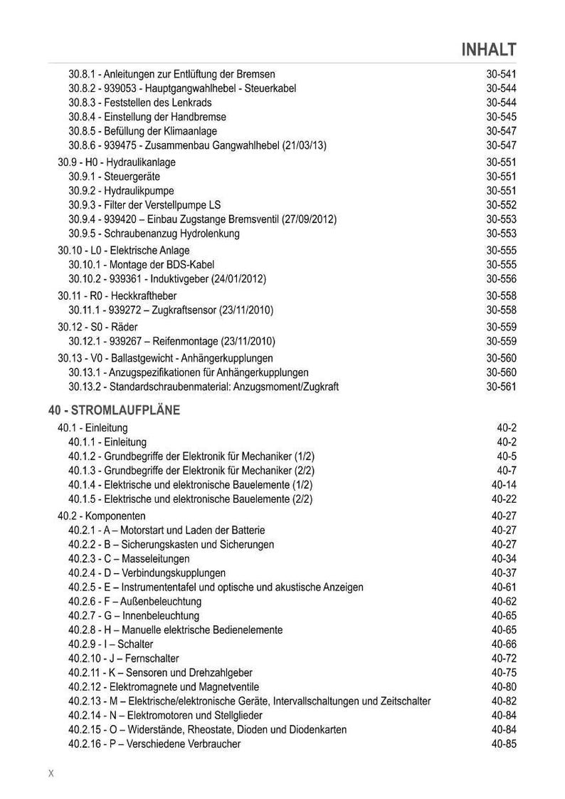 May include: A detailed table of contents in German, listing various technical components and systems. The document includes sections on brakes, steering, hydraulics, electrical systems, and more. Page numbers are listed on the right.