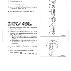 May include: Diagram of a center swivel joint assembly with numbered parts and instructions for disassembly and assembly. Includes a mounting bolt specification of 31.4 &plusmn; 1.94 Nm (3.2 &plusmn; 0.3 kgm).