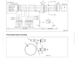 May include: A detailed circuit diagram related to a travel speed sensor, with labeled components and wiring. The diagram includes a speed sensor, controller, and various connectors. The text "Travel speed sensor mounting" is also present.