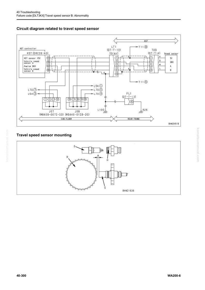 May include: A detailed circuit diagram related to a travel speed sensor, with labeled components and wiring. The diagram includes a speed sensor, controller, and various connectors. The text "Travel speed sensor mounting" is also present.