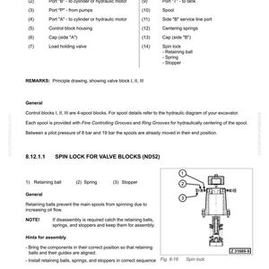 May include: Diagram of control blocks and valves, including a spin lock assembly. The diagram includes a legend with numbered components and a cross-sectional view of the spin lock with retaining ball, spring, and stopper.