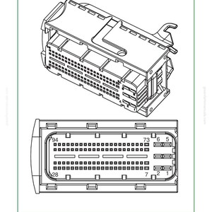Puede incluir: Diagrama t&eacute;cnico de un conector de la Unidad de Control del Motor (ECU), 94 pines. La imagen muestra un dibujo detallado del conector, incluyendo su dise&ntilde;o y numeraci&oacute;n de pines. El texto "Engine Control Unit (ECU) Connector, 94 Pin" est&aacute; en la parte superior.