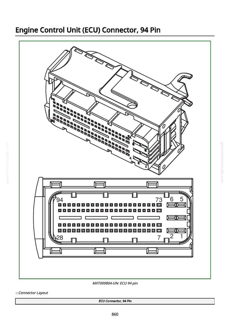 Puede incluir: Diagrama t&eacute;cnico de un conector de la Unidad de Control del Motor (ECU), 94 pines. La imagen muestra un dibujo detallado del conector, incluyendo su dise&ntilde;o y numeraci&oacute;n de pines. El texto "Engine Control Unit (ECU) Connector, 94 Pin" est&aacute; en la parte superior.
