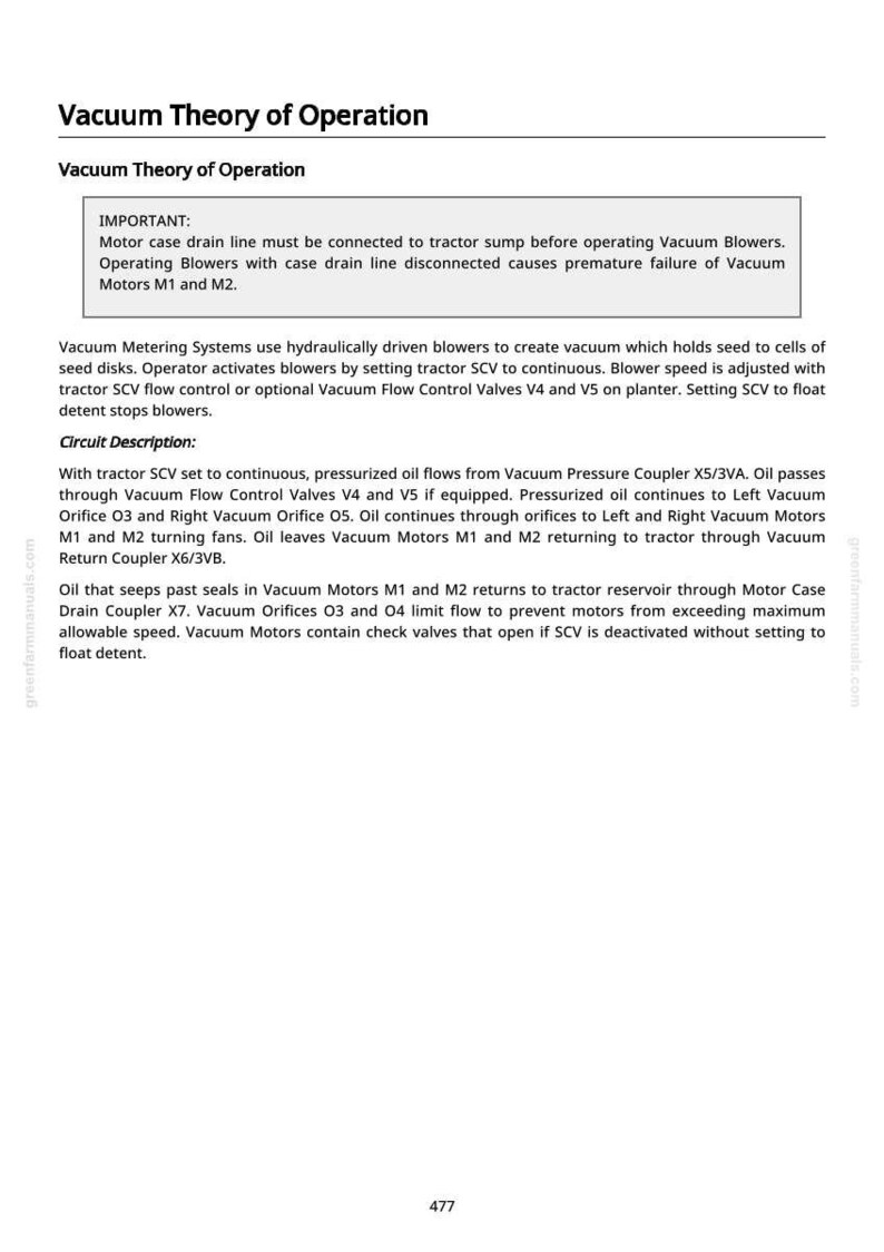 May include: A page from a manual titled "Vacuum Theory of Operation." The text describes the function of vacuum metering systems, including the role of blowers, valves, and oil flow within the system. The page includes diagrams and technical details.