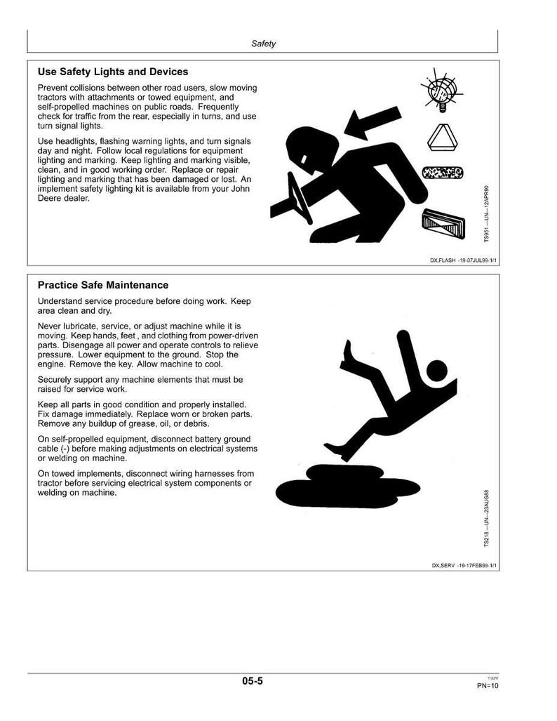 May include: A safety manual page with the title "Safety" at the top. The page includes text about safety lights, devices, and maintenance. There are black and white illustrations of a person operating machinery and a person falling.