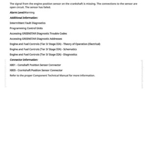 May include: A white page with the title "ECU 000637.08 - Crankshaft Position Signal Missing". The text describes a missing crankshaft position signal, including diagnostic information and connector details. The page also includes the website address greenfarmmanuals.com.