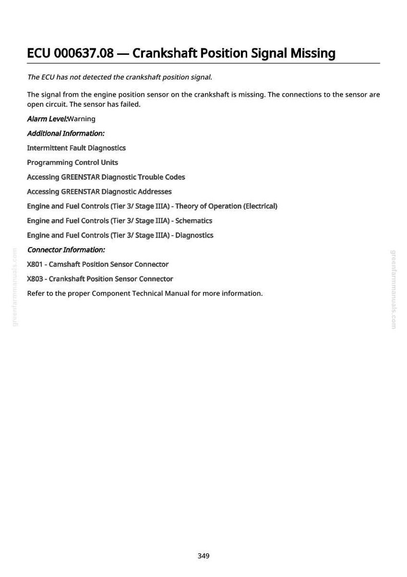 May include: A white page with the title "ECU 000637.08 - Crankshaft Position Signal Missing". The text describes a missing crankshaft position signal, including diagnostic information and connector details. The page also includes the website address greenfarmmanuals.com.