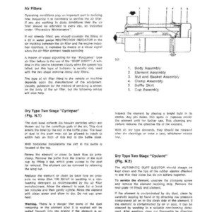 May include: Diagram of an air filter and fuel system, with detailed illustrations and text. Includes labeled components like body assembly, element assembly, and a dust ejector. Section N.