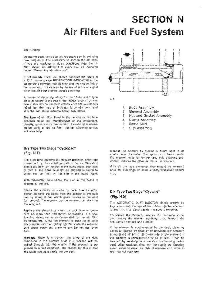 May include: Diagram of an air filter and fuel system, with detailed illustrations and text. Includes labeled components like body assembly, element assembly, and a dust ejector. Section N.