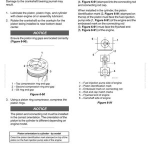 May include: Engine installation guide with diagrams. Includes instructions for piston installation, lubrication, and orientation. Features labeled diagrams of piston components and crankshaft assembly for automotive repair.