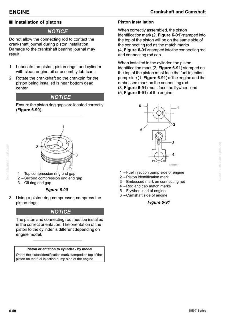 May include: Engine installation guide with diagrams. Includes instructions for piston installation, lubrication, and orientation. Features labeled diagrams of piston components and crankshaft assembly for automotive repair.