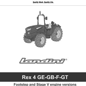 May include: A grayscale image of a Landini Rex 4 GE-GB-F-GT tractor. The image includes the Argo Tractors logo and text that reads "Quality Work. Quality Life." Additional text includes "Footstep and Stage V engine versions" and "SERVICE MANUAL EDITION 11-2022 P/N 6705558A1."