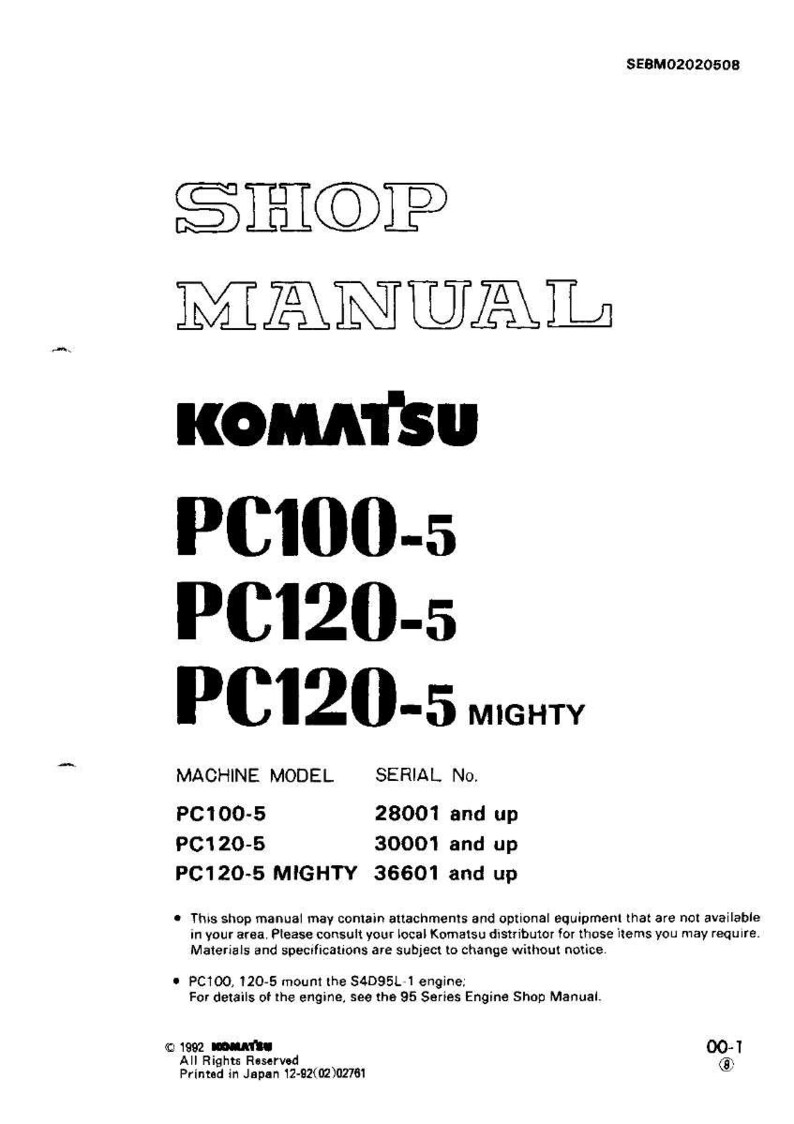 May include: Shop manual for Komatsu PC100-5, PC120-5, and PC120-5 Mighty models. The manual includes machine model and serial number information. Printed in Japan in 1992.
