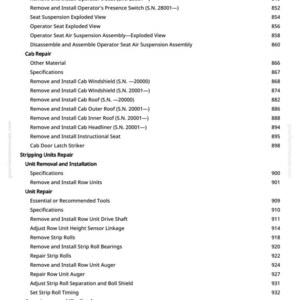 Puede incluir: Una p&aacute;gina blanca de un manual con una tabla de contenidos. El texto incluye "Reparaci&oacute;n del asiento", "Reparaci&oacute;n de la cabina", "Reparaci&oacute;n de las unidades de decapado" y "Reparaci&oacute;n de la unidad". Los n&uacute;meros de p&aacute;gina se enumeran a la derecha.