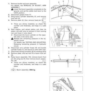 K&ouml;nnte beinhalten: Diagramm zum Ausbau einer Auslegerbaugruppe, mit nummerierten Schritten und Abbildungen. Enth&auml;lt Details zum Trennen von Schl&auml;uchen, Entfernen von Platten und Sichern von Komponenten. Die Auslegerbaugruppe wiegt 3950 kg.