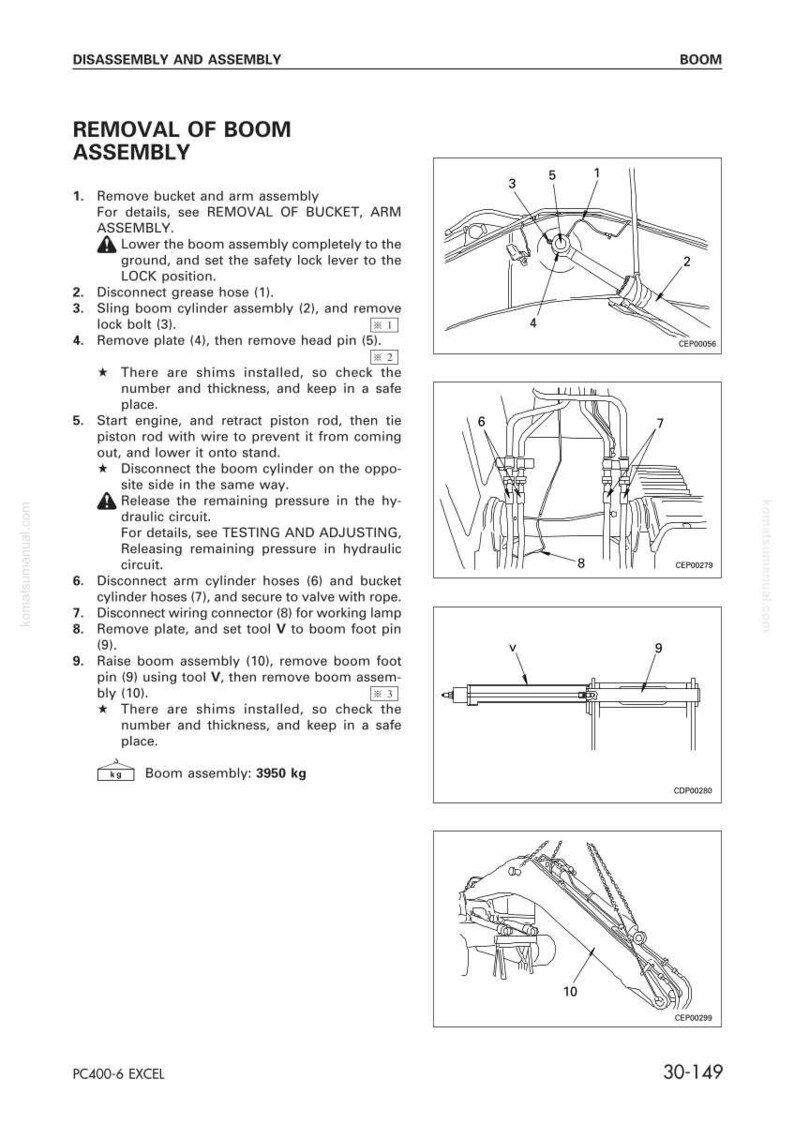 K&ouml;nnte beinhalten: Diagramm zum Ausbau einer Auslegerbaugruppe, mit nummerierten Schritten und Abbildungen. Enth&auml;lt Details zum Trennen von Schl&auml;uchen, Entfernen von Platten und Sichern von Komponenten. Die Auslegerbaugruppe wiegt 3950 kg.