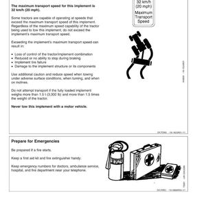 May include: A safety manual page with text and illustrations. The page includes instructions on maximum transport speed, with a diagram of a tractor implement. It also advises on emergency preparedness, showing a fire extinguisher, first aid kit, and a medical symbol.