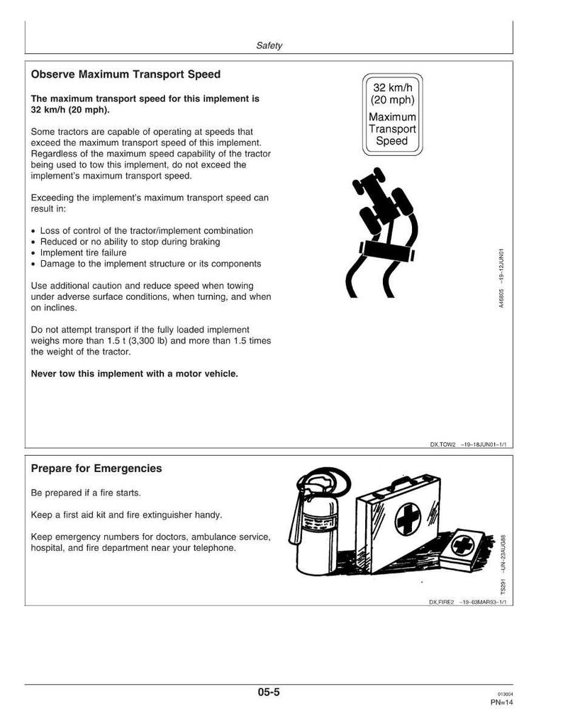 May include: A safety manual page with text and illustrations. The page includes instructions on maximum transport speed, with a diagram of a tractor implement. It also advises on emergency preparedness, showing a fire extinguisher, first aid kit, and a medical symbol.