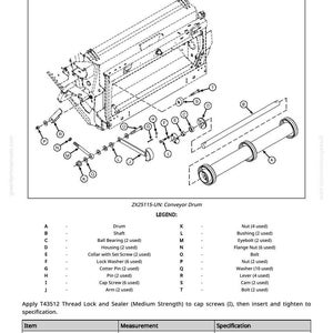 May include: An exploded view diagram of a conveyor drum, labeled "HILLMASTER II." The diagram includes various parts like bearings, nuts, and bolts, with a legend detailing each component. The image also includes torque specifications.