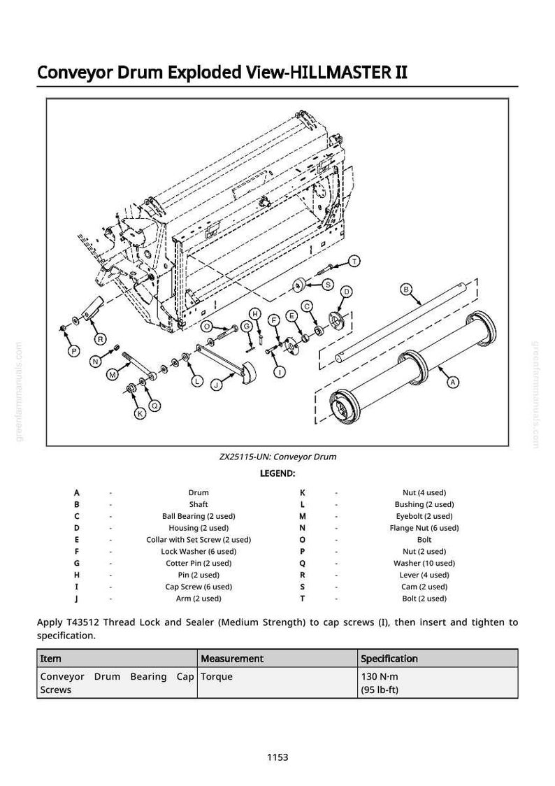 May include: An exploded view diagram of a conveyor drum, labeled "HILLMASTER II." The diagram includes various parts like bearings, nuts, and bolts, with a legend detailing each component. The image also includes torque specifications.