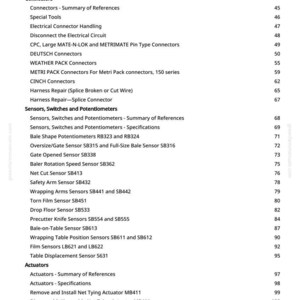 May include: A white-background page from a manual with a table of contents. The text includes sections on electrical systems, connectors, sensors, switches, potentiometers, and actuators. Page numbers are listed on the right.