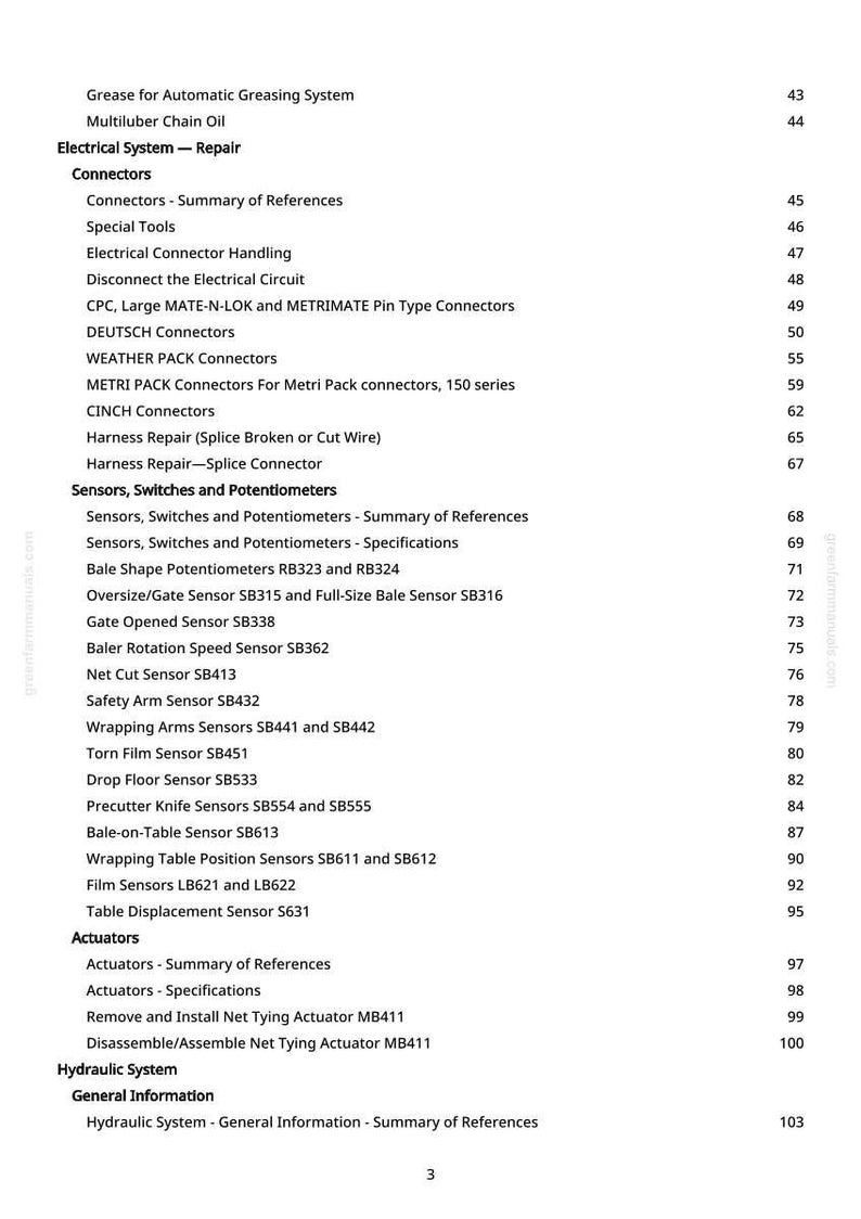 May include: A white-background page from a manual with a table of contents. The text includes sections on electrical systems, connectors, sensors, switches, potentiometers, and actuators. Page numbers are listed on the right.