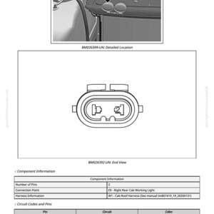 May include: Technical diagram with detailed location and end view of a component. The diagram includes a connector with two pins, labeled with circuit and color information. Text includes "Right Rear Cab Working Light".