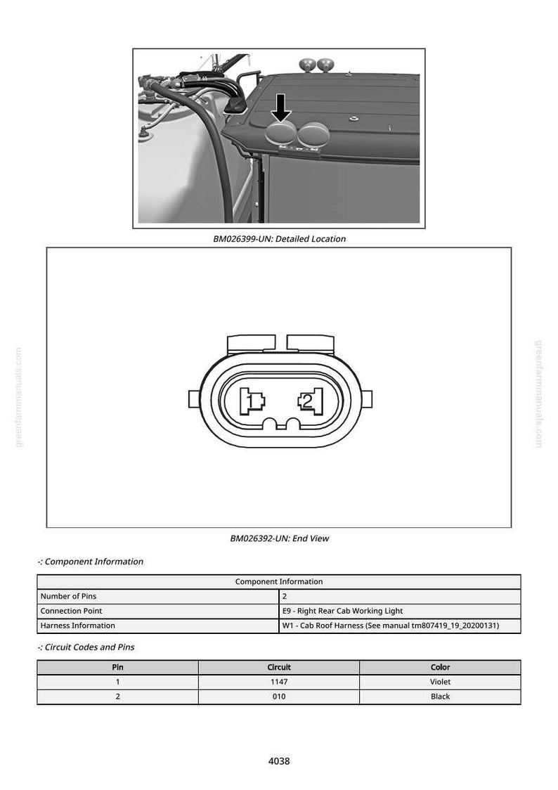 May include: Technical diagram with detailed location and end view of a component. The diagram includes a connector with two pins, labeled with circuit and color information. Text includes "Right Rear Cab Working Light".