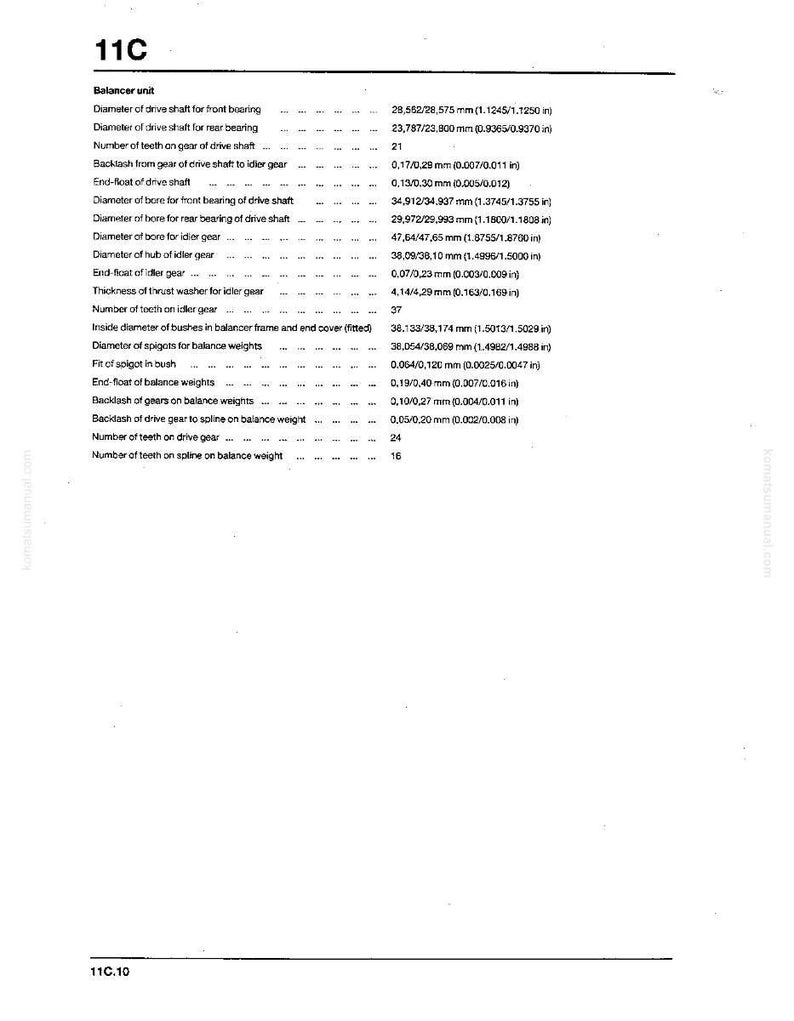 May include: A technical diagram labelled "11C" detailing measurements in both millimetres and inches. It provides specifications for a balancer unit, including diameters, backlash, and the number of teeth on various gears.