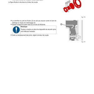 May include: Diagram of mechanical components with red and black parts, labeled with numbers and arrows. Text in French describes the replacement of friction linings and other maintenance instructions. Includes figures 710 and 711.