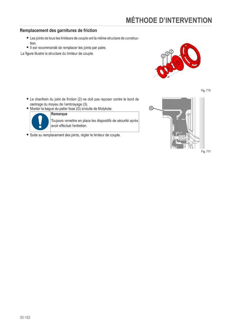 May include: Diagram of mechanical components with red and black parts, labeled with numbers and arrows. Text in French describes the replacement of friction linings and other maintenance instructions. Includes figures 710 and 711.