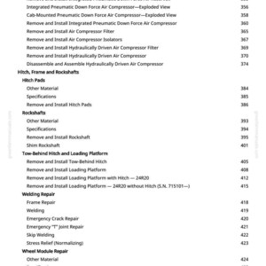May include: A detailed list of procedures and components, including "Remove and Install" instructions for various parts like valves, compressors, and hitches. The document is from greenfarmmanuals.com.