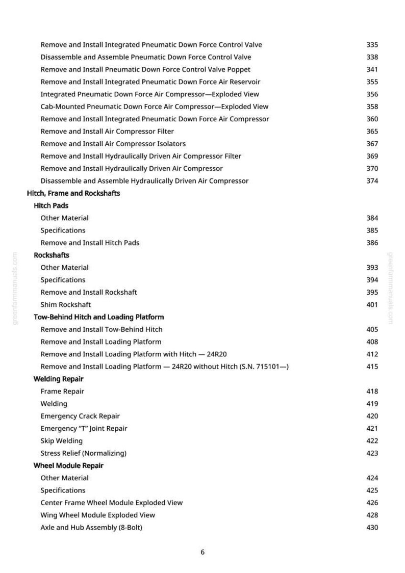 May include: A detailed list of procedures and components, including "Remove and Install" instructions for various parts like valves, compressors, and hitches. The document is from greenfarmmanuals.com.