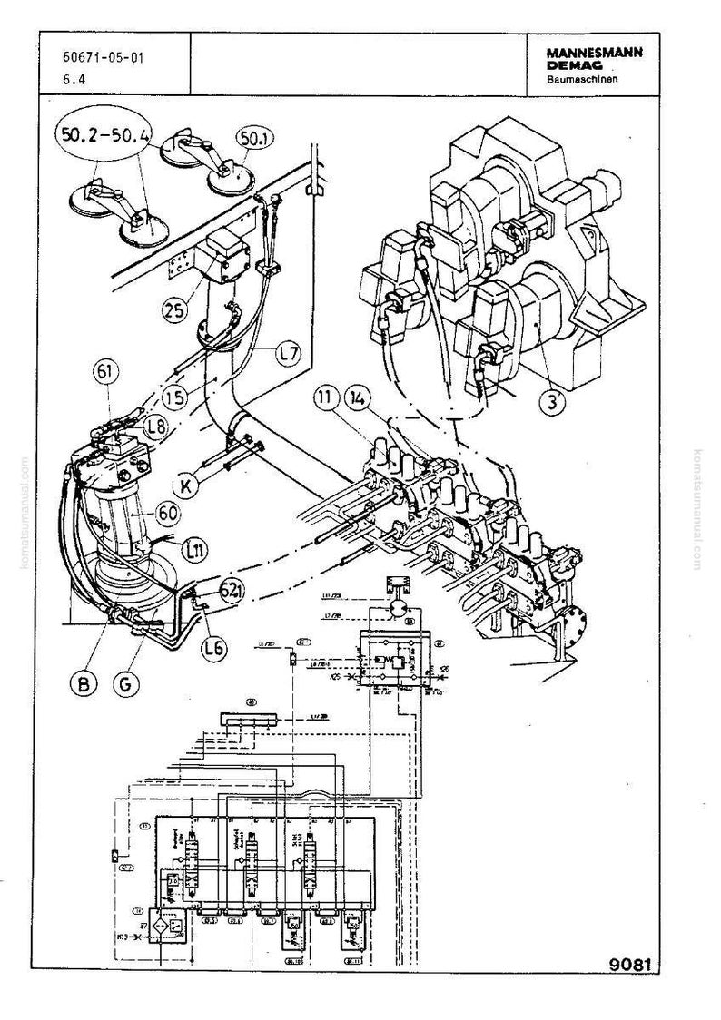 Pu&ograve; includere: Diagramma tecnico dettagliato di una macchina, con vari componenti etichettati con numeri e lettere. Il diagramma include illustrazioni di parti meccaniche, cablaggio e collegamenti, con il logo "MANNESMANN DEMAG Baumaschinen" in alto.