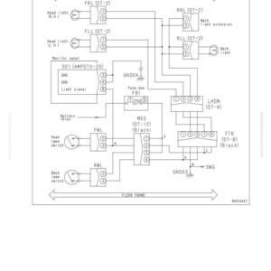 Op de afbeelding: Een gedetailleerd elektrisch schema met labels en symbolen. Het schema bevat componenten zoals koplampen, relais en een zekeringkast, met pijlen die de signaalstroom aangeven. Tekst bevat "Gerelateerd stroomschema".