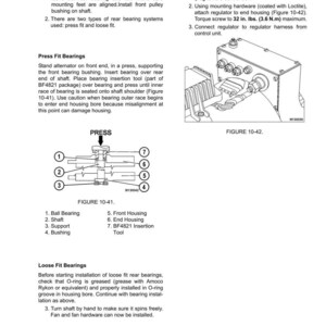 May include: Technical diagram of a battery charging alternator, with detailed instructions for rear bearing and regulator assembly. Includes diagrams of press fit bearings and loose fit bearings, with measurements in inches and foot-pounds.