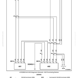 K&ouml;nnte beinhalten: Elektrische Schaltplan f&uuml;r einen Bus-Abschlusswiderstand, mit Beschriftungen und Linien. Text: LX1029693-UN: SE22-Diagnostic Schematic - BUS Terminating Resistor. Komponenten: A61, A62, X614, X615 und XGND2-1.