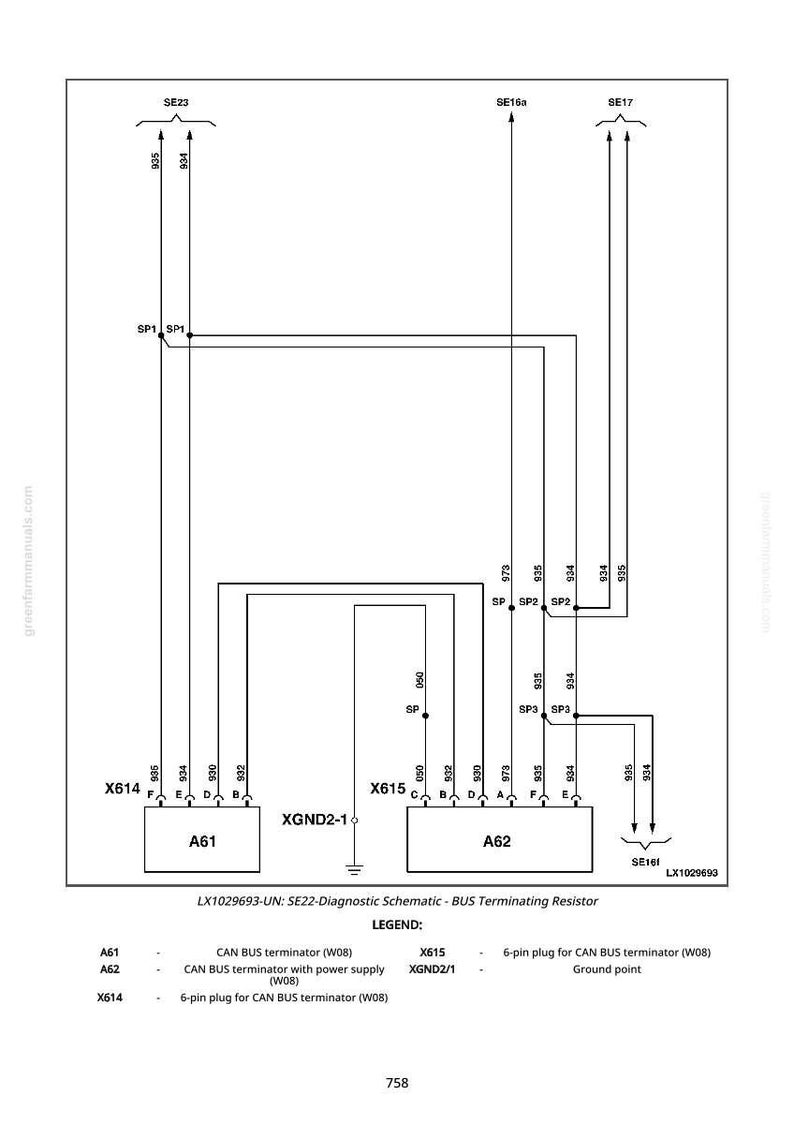 K&ouml;nnte beinhalten: Elektrische Schaltplan f&uuml;r einen Bus-Abschlusswiderstand, mit Beschriftungen und Linien. Text: LX1029693-UN: SE22-Diagnostic Schematic - BUS Terminating Resistor. Komponenten: A61, A62, X614, X615 und XGND2-1.