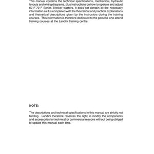 Puede incluir: Manual blanco con texto negro que detalla especificaciones t&eacute;cnicas, dise&ntilde;os mec&aacute;nicos, hidr&aacute;ulicos y diagramas de cableado para tractores 60 F-70 F Series Trekker. Incluye instrucciones de funcionamiento y ajuste.