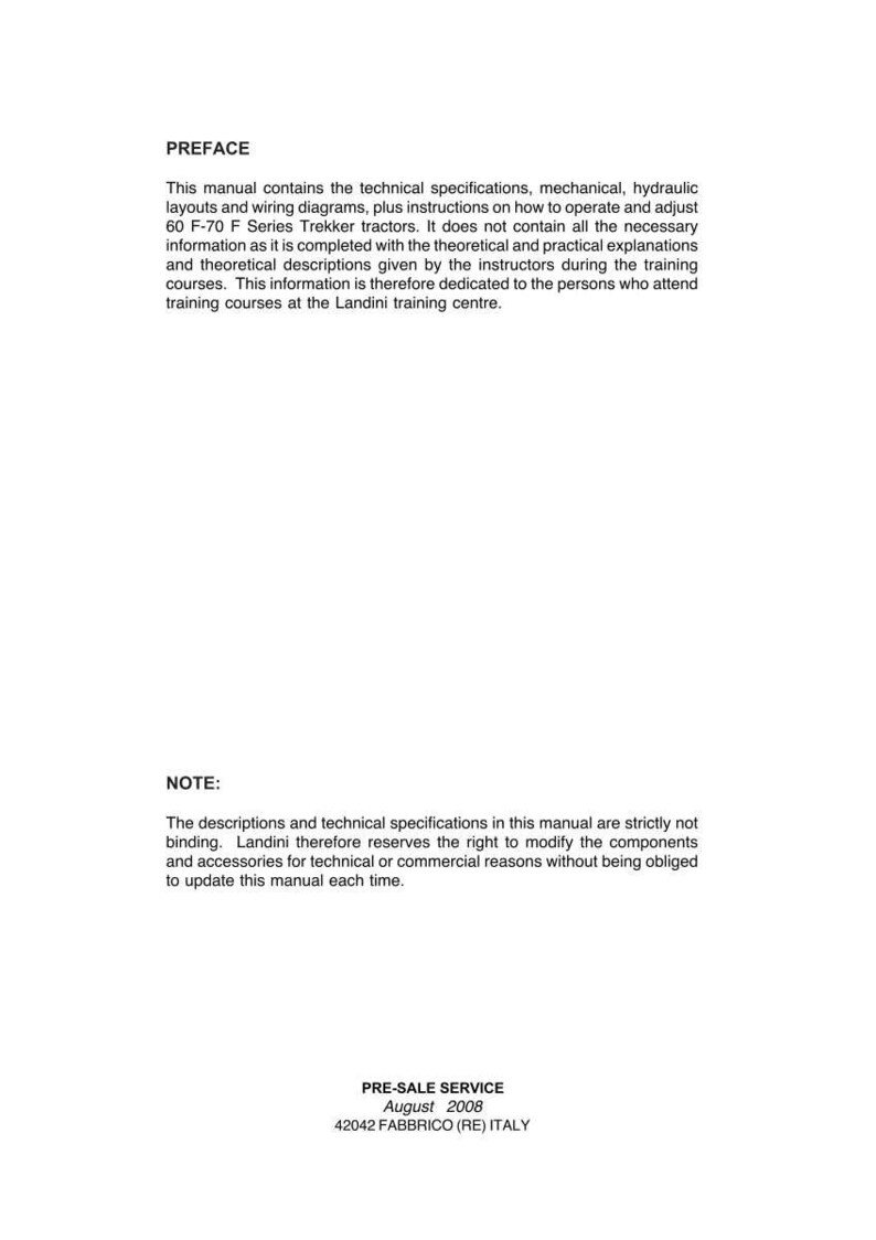 Puede incluir: Manual blanco con texto negro que detalla especificaciones t&eacute;cnicas, dise&ntilde;os mec&aacute;nicos, hidr&aacute;ulicos y diagramas de cableado para tractores 60 F-70 F Series Trekker. Incluye instrucciones de funcionamiento y ajuste.