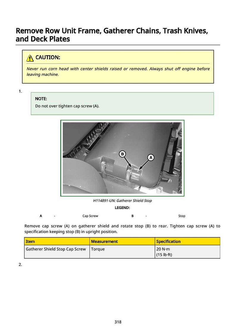 May include: Diagram of a machine component with labels A and B, and the text "Gatherer Shield Stop." Includes a caution and note, along with torque specifications of 20 N-m (15 lb-ft).
