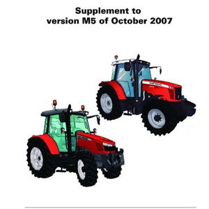 May include: Workshop Service Manual for 5400 series tractors. The cover features two red and black tractors with large tires. Text includes "Supplement to version M5 of October 2007". The manual is from AGCO.