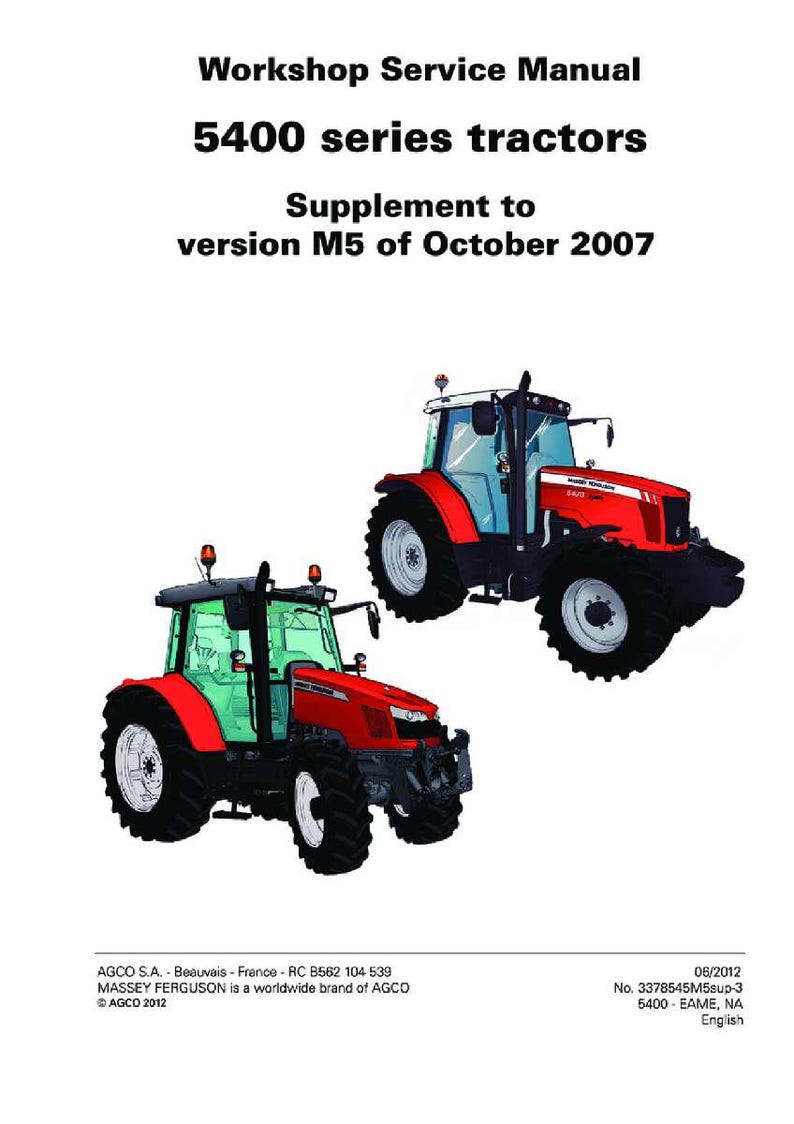 May include: Workshop Service Manual for 5400 series tractors. The cover features two red and black tractors with large tires. Text includes "Supplement to version M5 of October 2007". The manual is from AGCO.