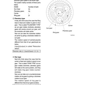 May include: Diagram of a planetary reduction gear system, illustrating the arrangement of sun gear, planetary gears, ring gear, and carrier. Text explains the function and types of reduction gears, including formulas for reduction ratio.