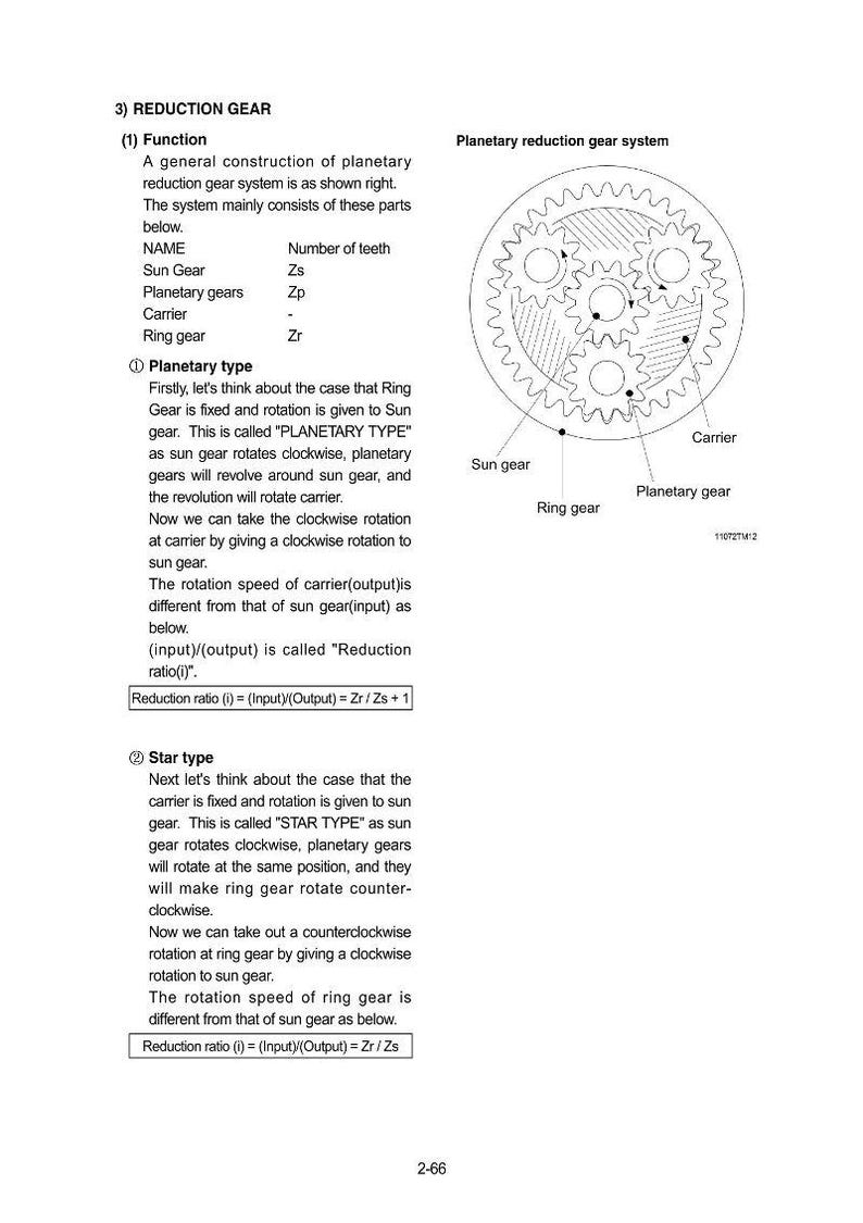 May include: Diagram of a planetary reduction gear system, illustrating the arrangement of sun gear, planetary gears, ring gear, and carrier. Text explains the function and types of reduction gears, including formulas for reduction ratio.