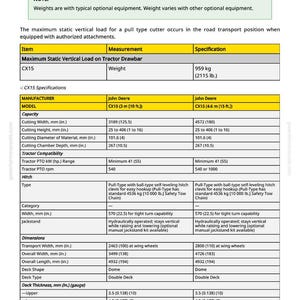 May include: A detailed specifications sheet for the CX15 tractor, including measurements in inches and pounds. The sheet lists dimensions, cutting width, height, and other technical details. The John Deere model is featured.