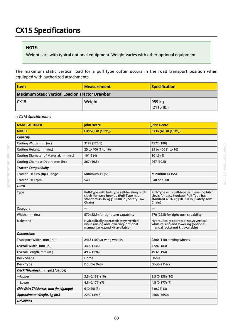 May include: A detailed specifications sheet for the CX15 tractor, including measurements in inches and pounds. The sheet lists dimensions, cutting width, height, and other technical details. The John Deere model is featured.
